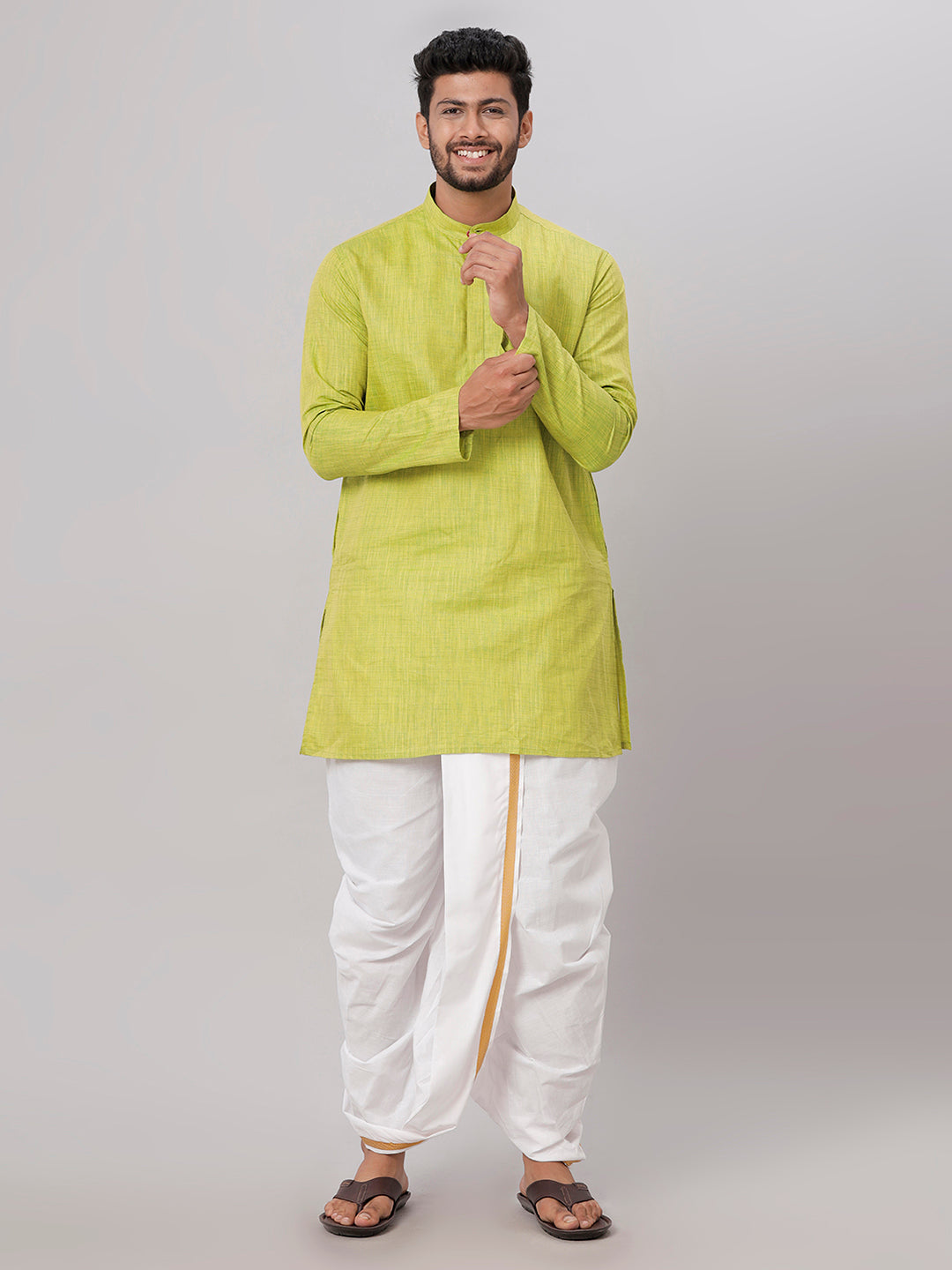 Mens Medium Length Parrot Green Kurta with White Panchakacham Combo FS2