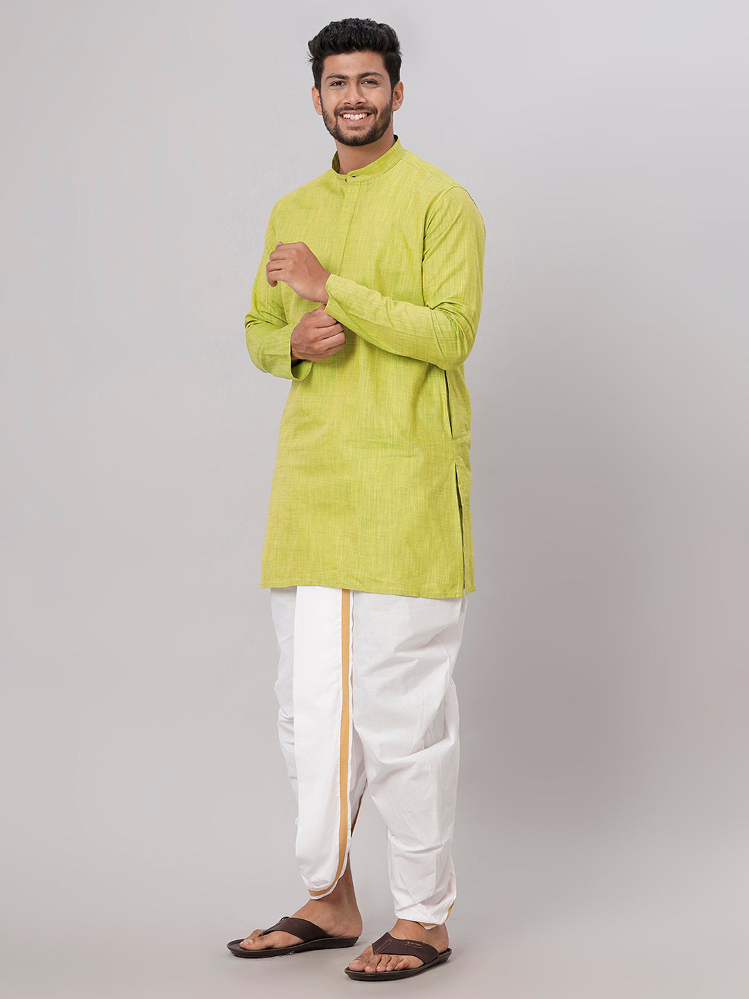 Mens Medium Length Parrot Green Kurta with White Panchakacham Combo FS2