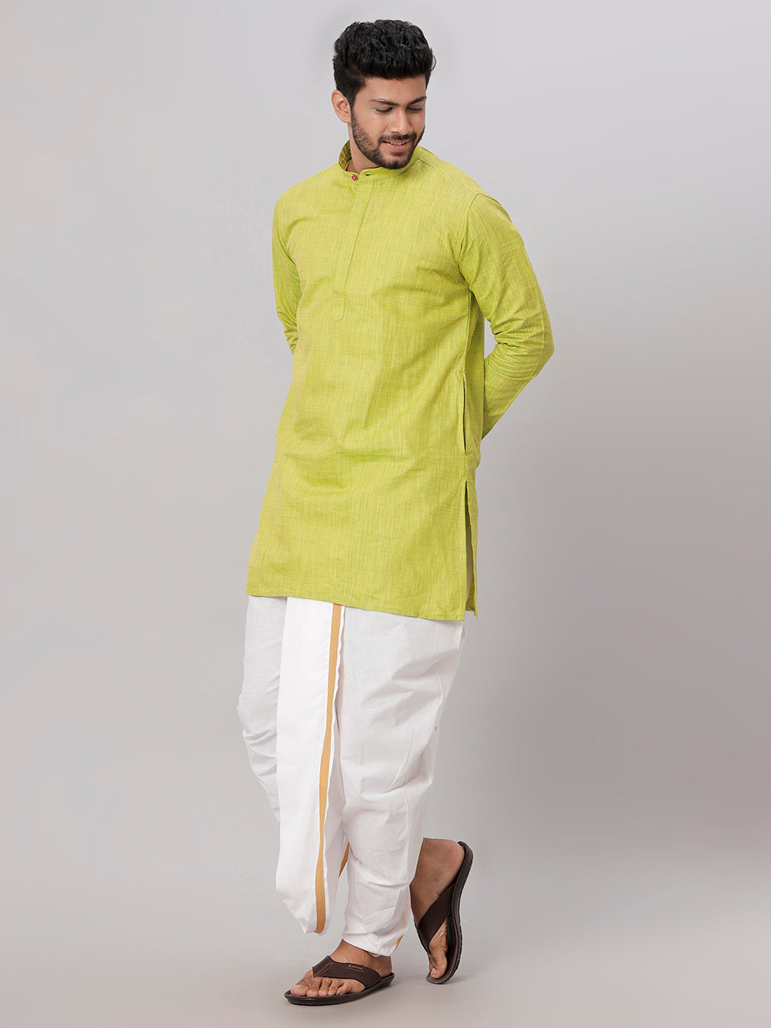 Men Medium Length Kurta with White Readymade Elastic Panchakacham Set FS2