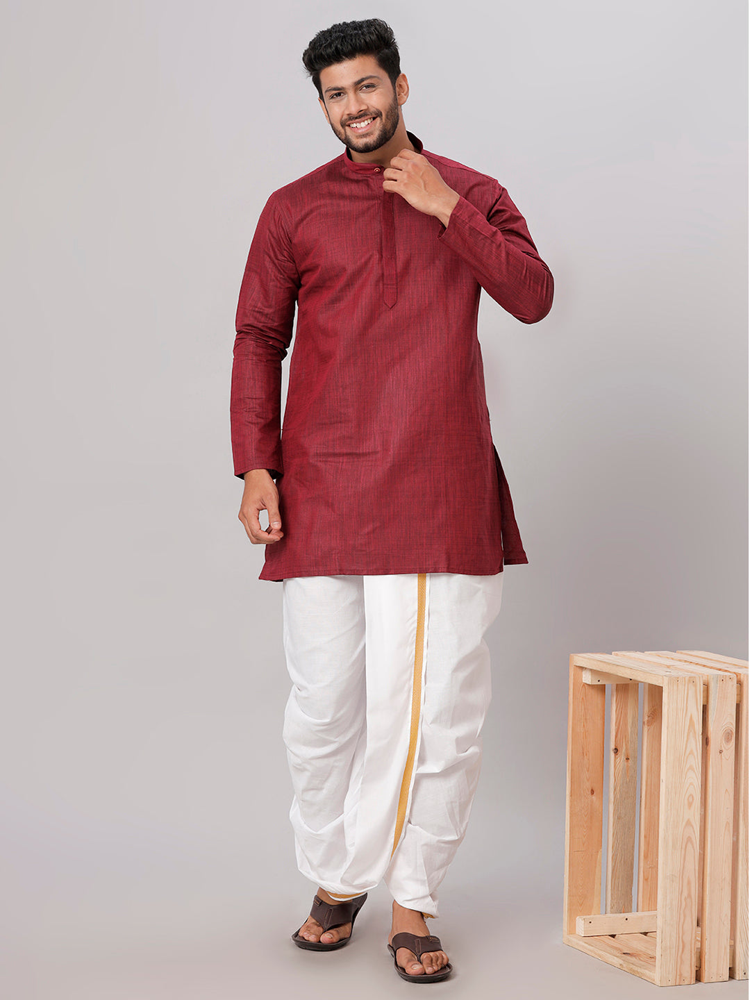 Mens Medium Length Maroon Kurta with White Panchakacham Combo FS7