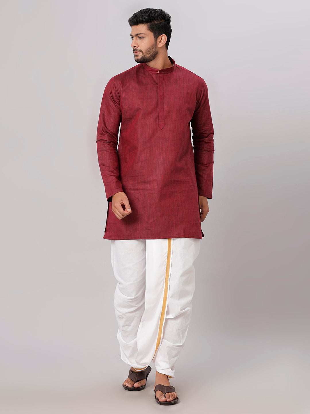 Mens Medium Length Maroon Kurta with White Panchakacham Combo FS7-Front view