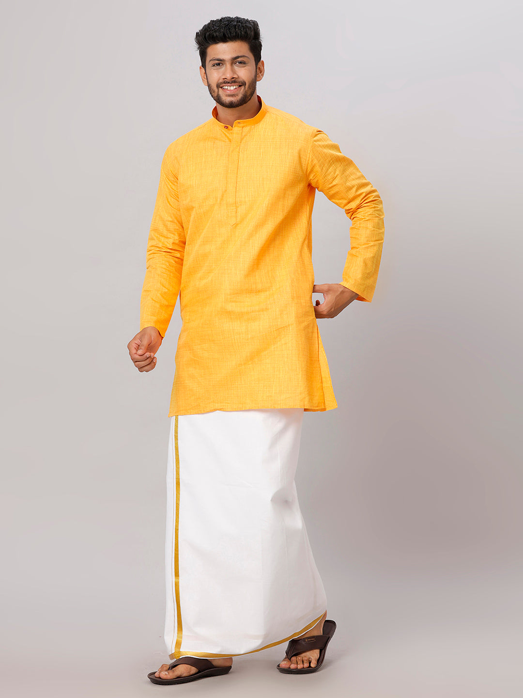 Like Father Like Son Yellow Kurta and Gold Jari White Dhoti Combo FS1-Front view