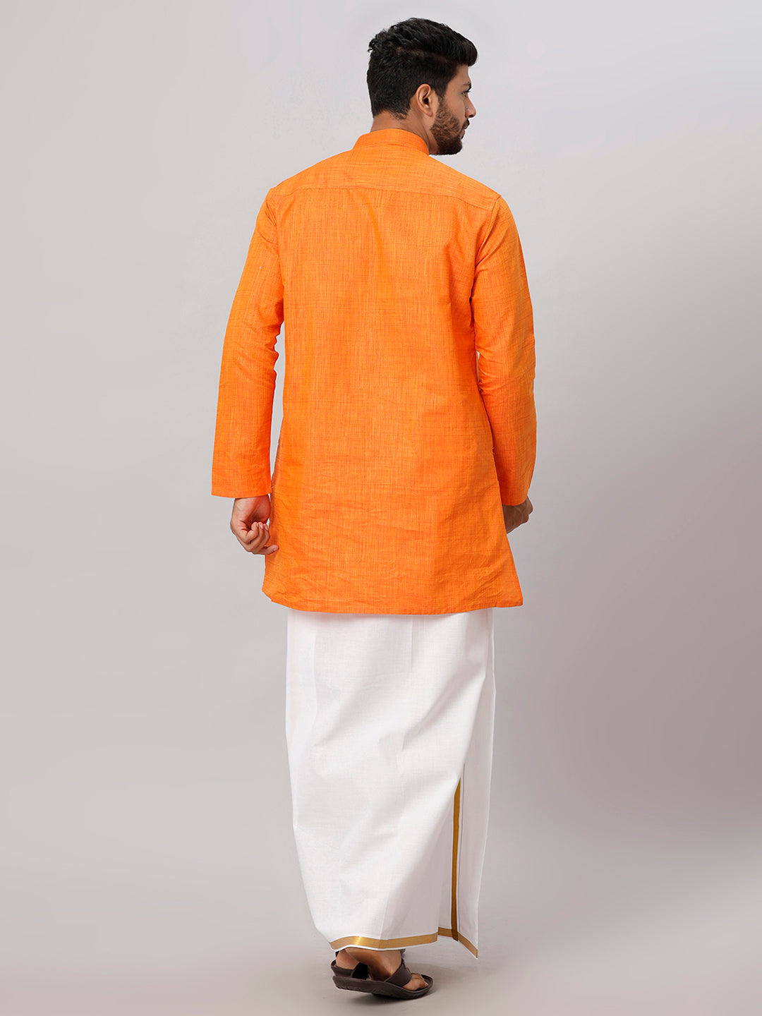 Mens Orange Medium Length Kurta with 3/4" Gold Jari White Dhoti Set FS3-Back view
