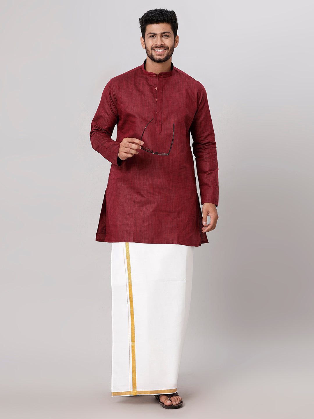 Mens Maroon Medium Length Kurta with 3/4" Gold Jari White Dhoti Set FS7-Front view