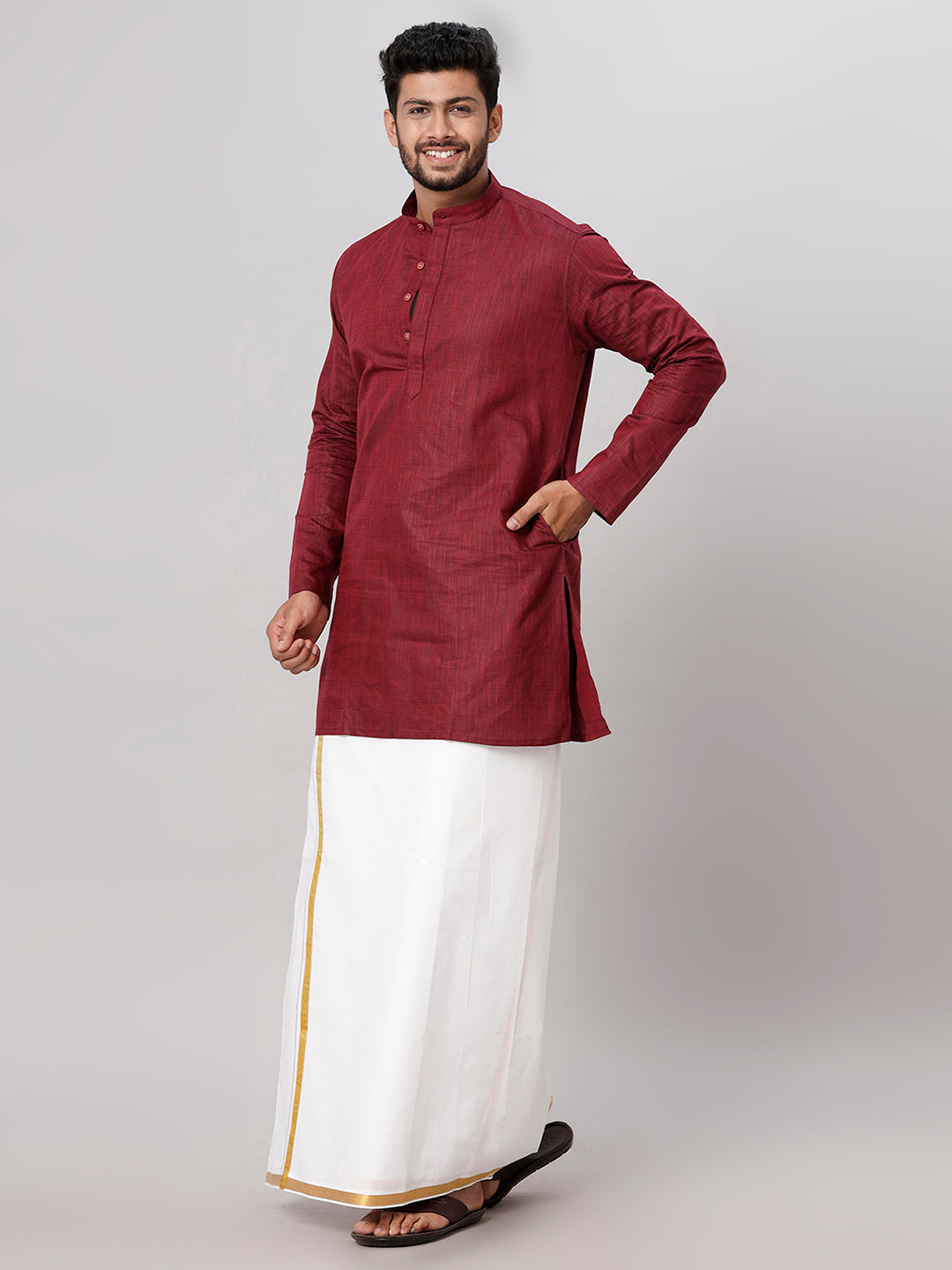 Like Father Like Son Maroon Kurta and Gold Jari White Dhoti Combo FS7-Front view