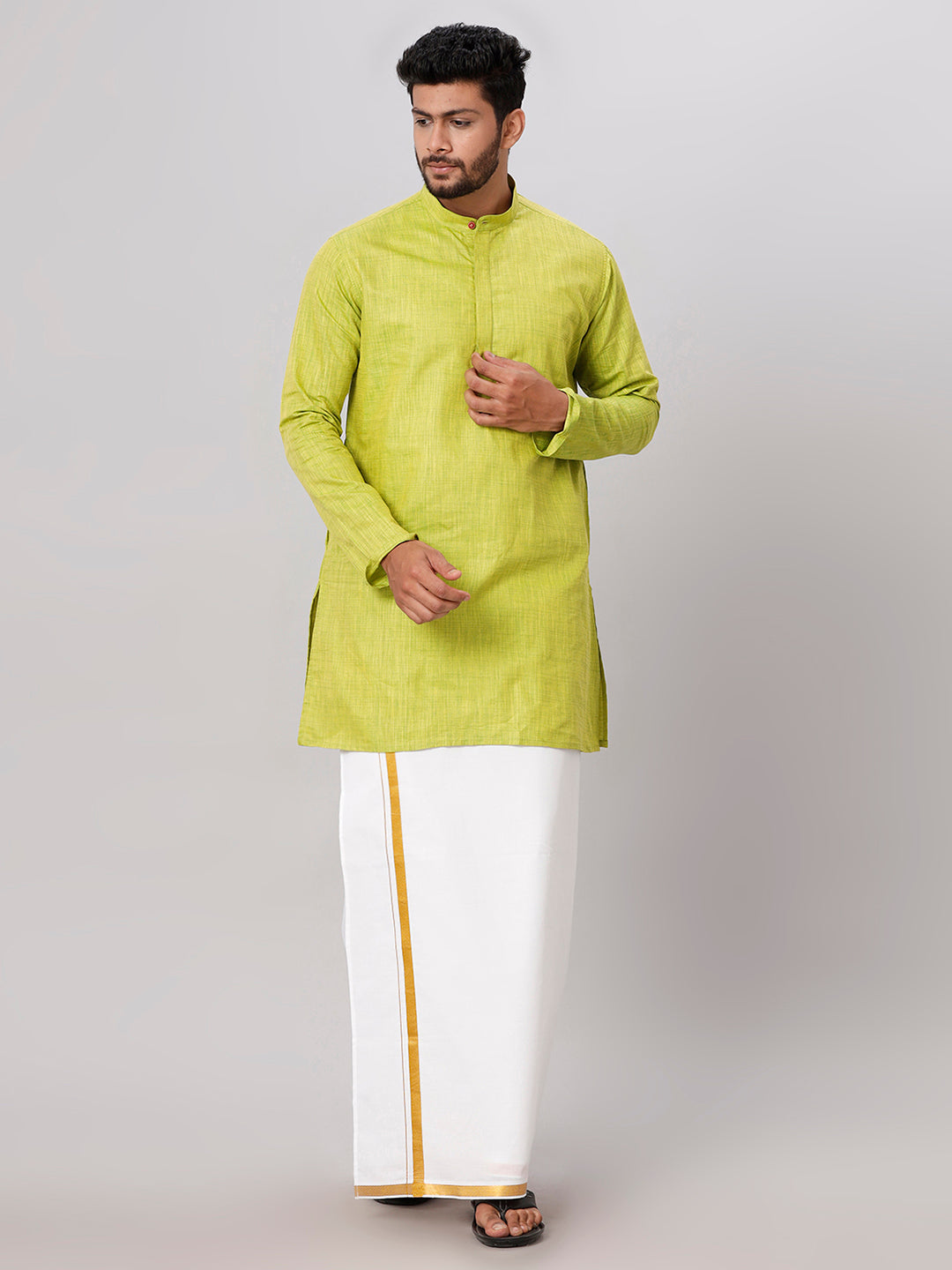 Mens Parrot Green Medium Length Kurta with 3/4" Gold Jari White Dhoti Set FS2