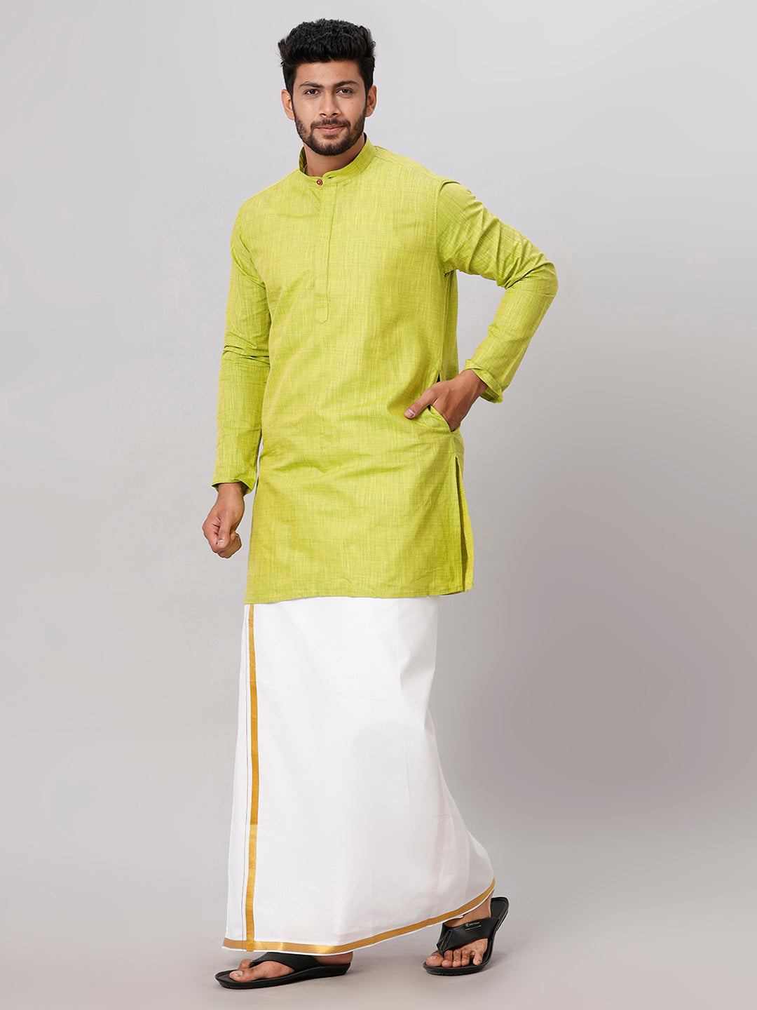 Mens Parrot Green Medium Length Kurta with 3/4" Gold Jari White Dhoti Set FS2-Side view