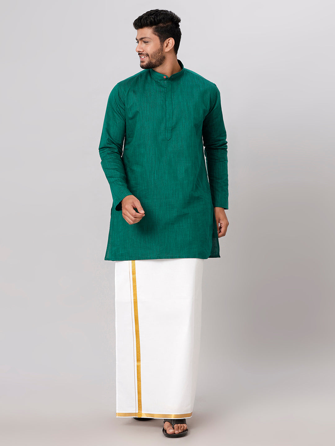 Mens Dark Green Medium Length Kurta with 3/4" Gold Jari White Dhoti Set FS5-Full view