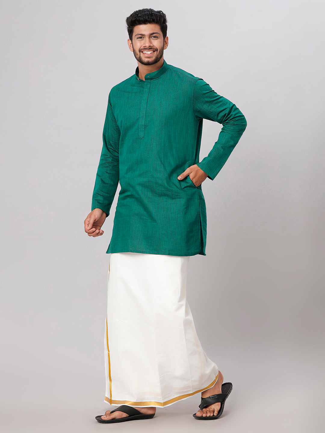 Men Dark Green Medium Length Kurta with 3/4" Gold Jari Border Cream Dhoti Set FS5