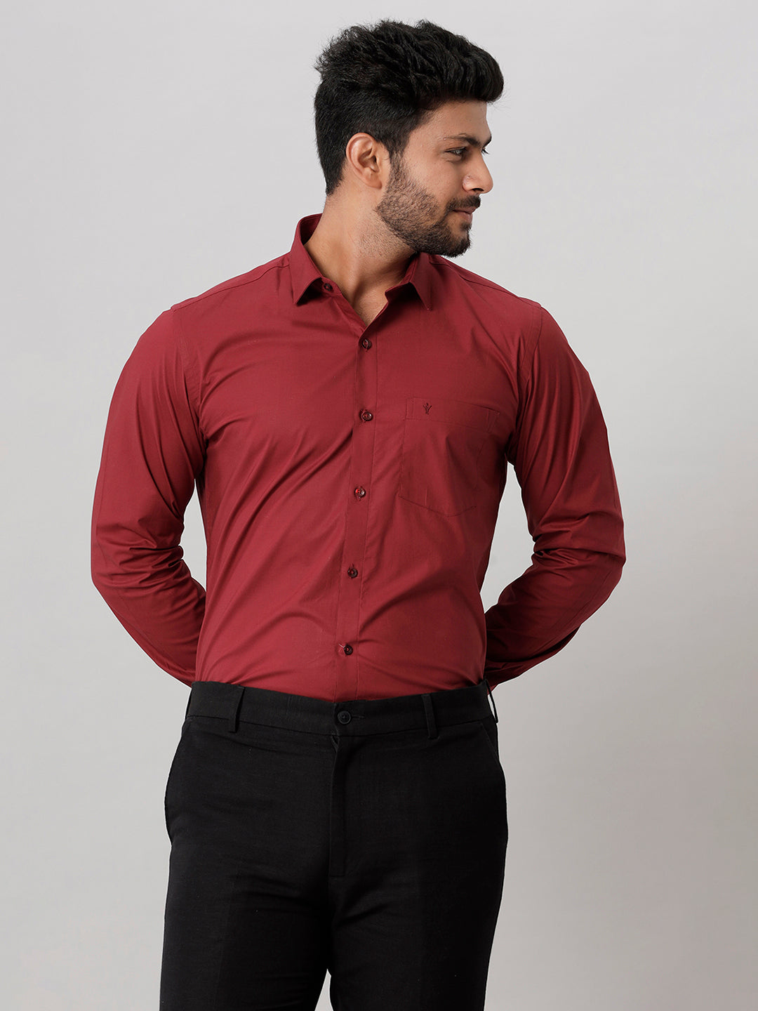 Mens Formal Cotton Spandex 2 Way Stretch Maroon Full Sleeves Shirt LY6