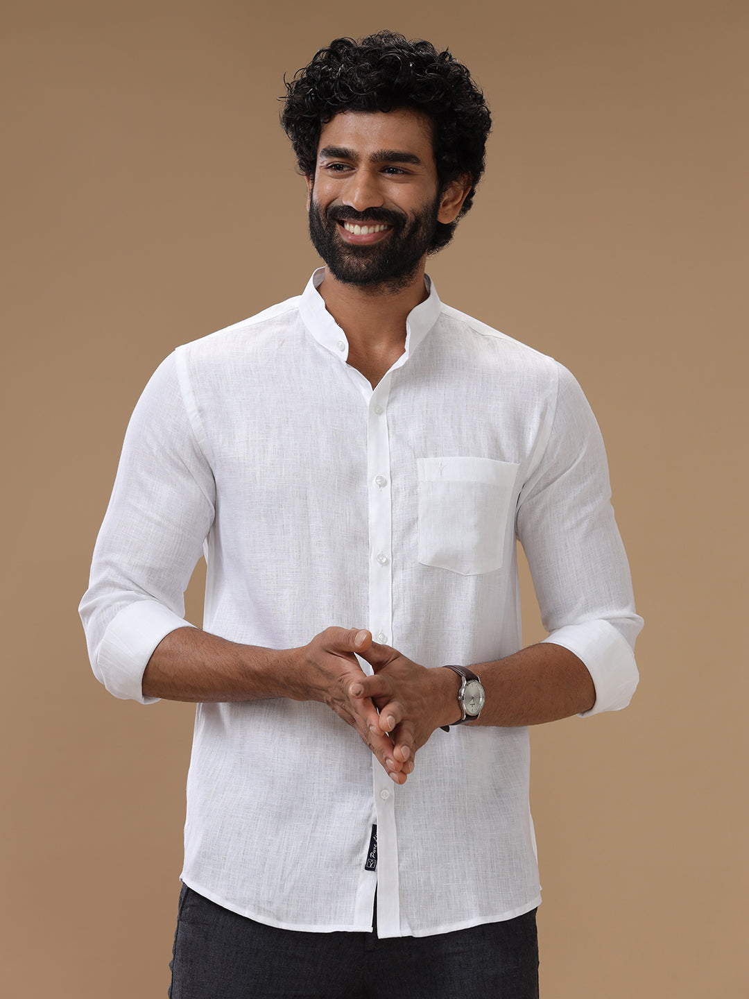 Men Pure Linen Chinese Collar White Shirt 5445 - Main Image