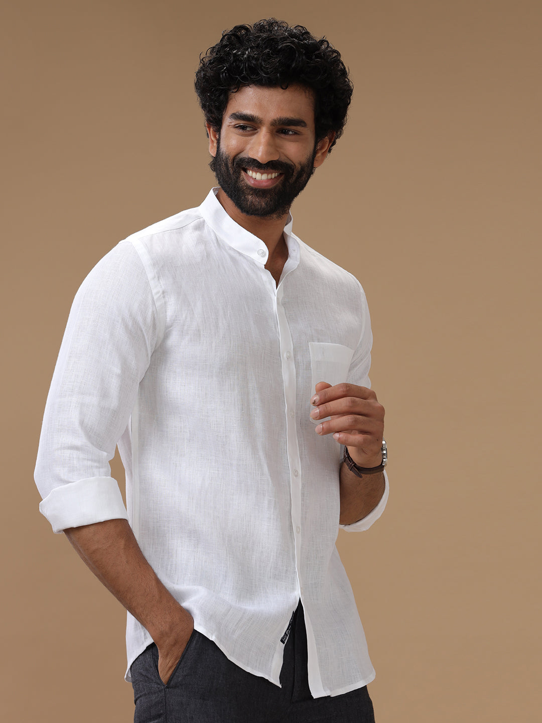 Men Pure Linen Chinese Collar White Shirt 5544