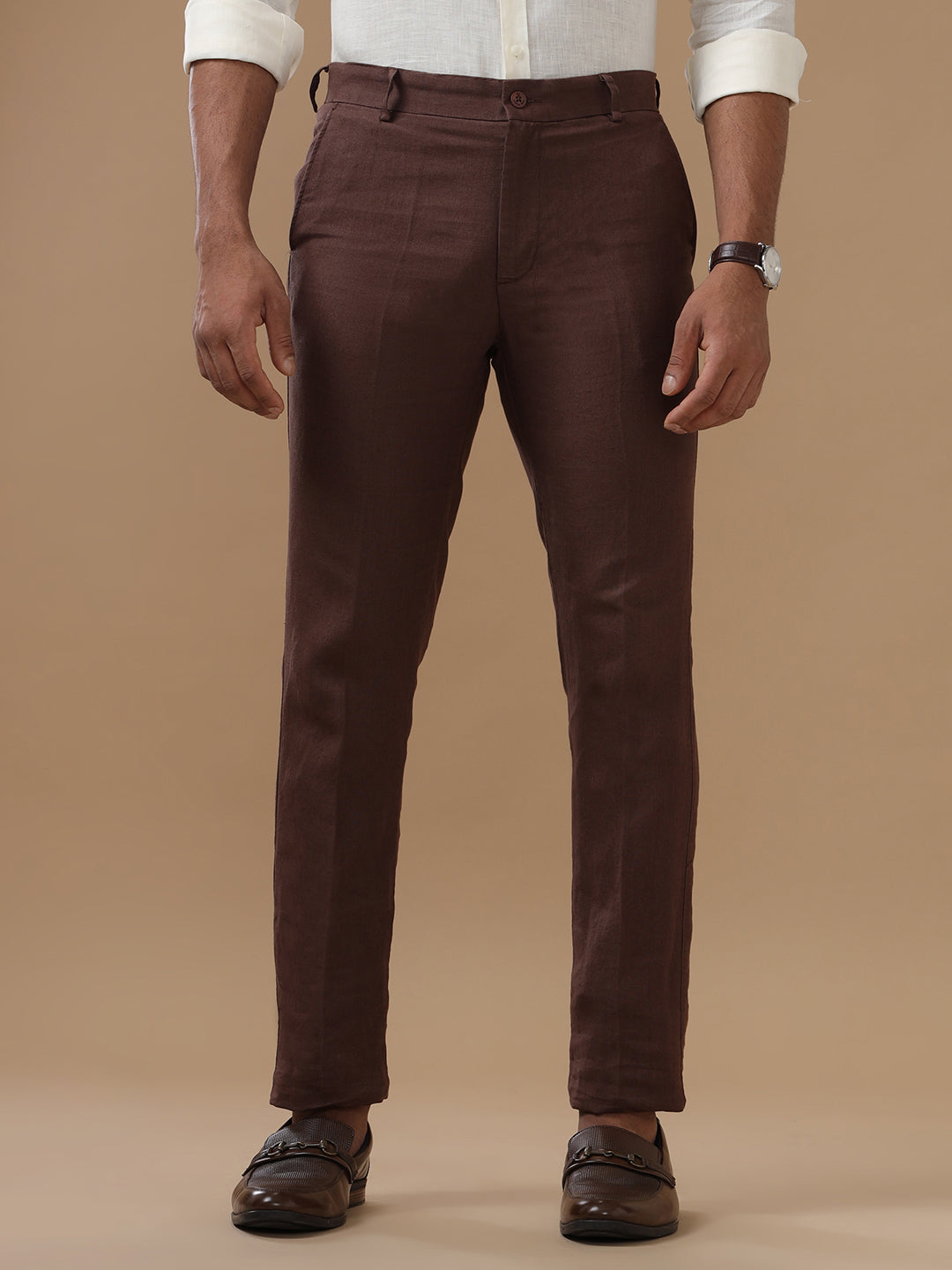 Men Pure Linen Brown Pant with Trim Fit PL11