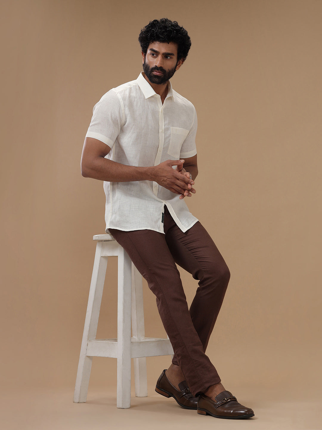 Men Pure Linen Cream Shirt L38
