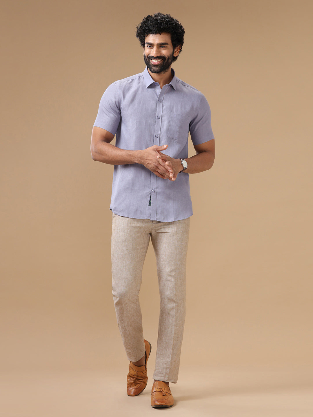 Men Pure Linen  Purple Shirt L108