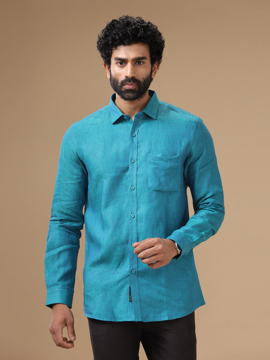 Men Pure Linen Blue Shirt L70