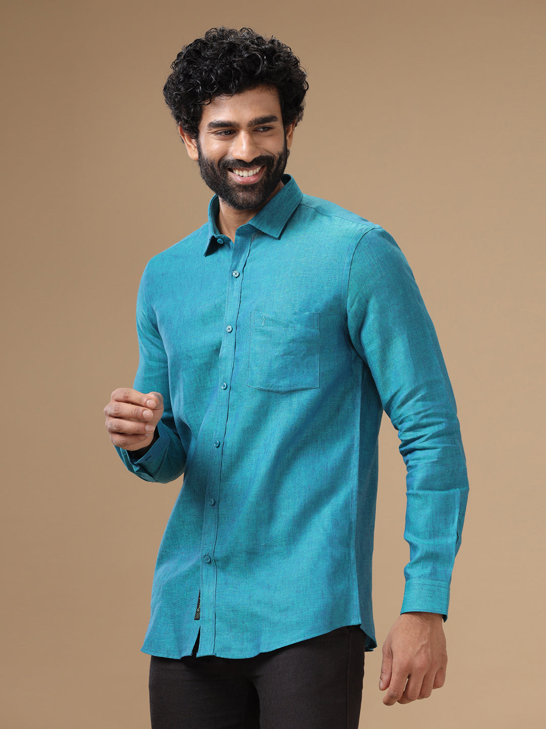 Men Pure Linen Blue Shirt L70