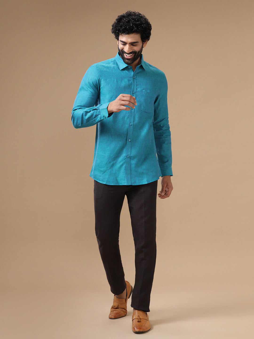 Men Pure Linen Blue Shirt L70