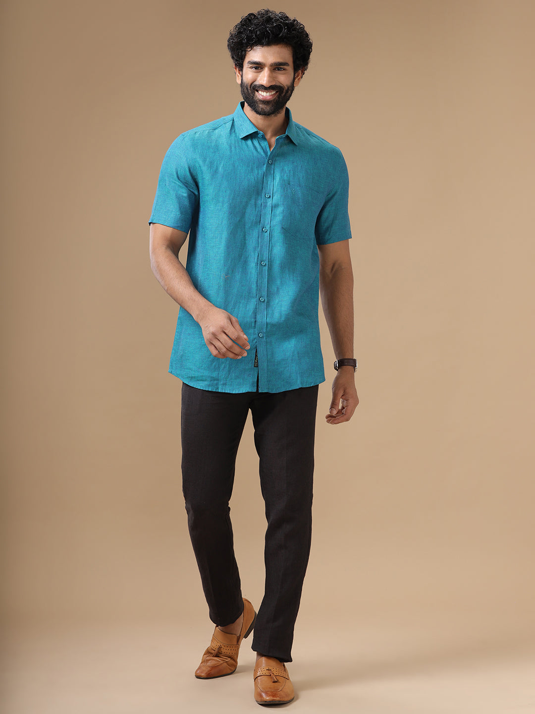 Men Pure Linen Blue Shirt L70