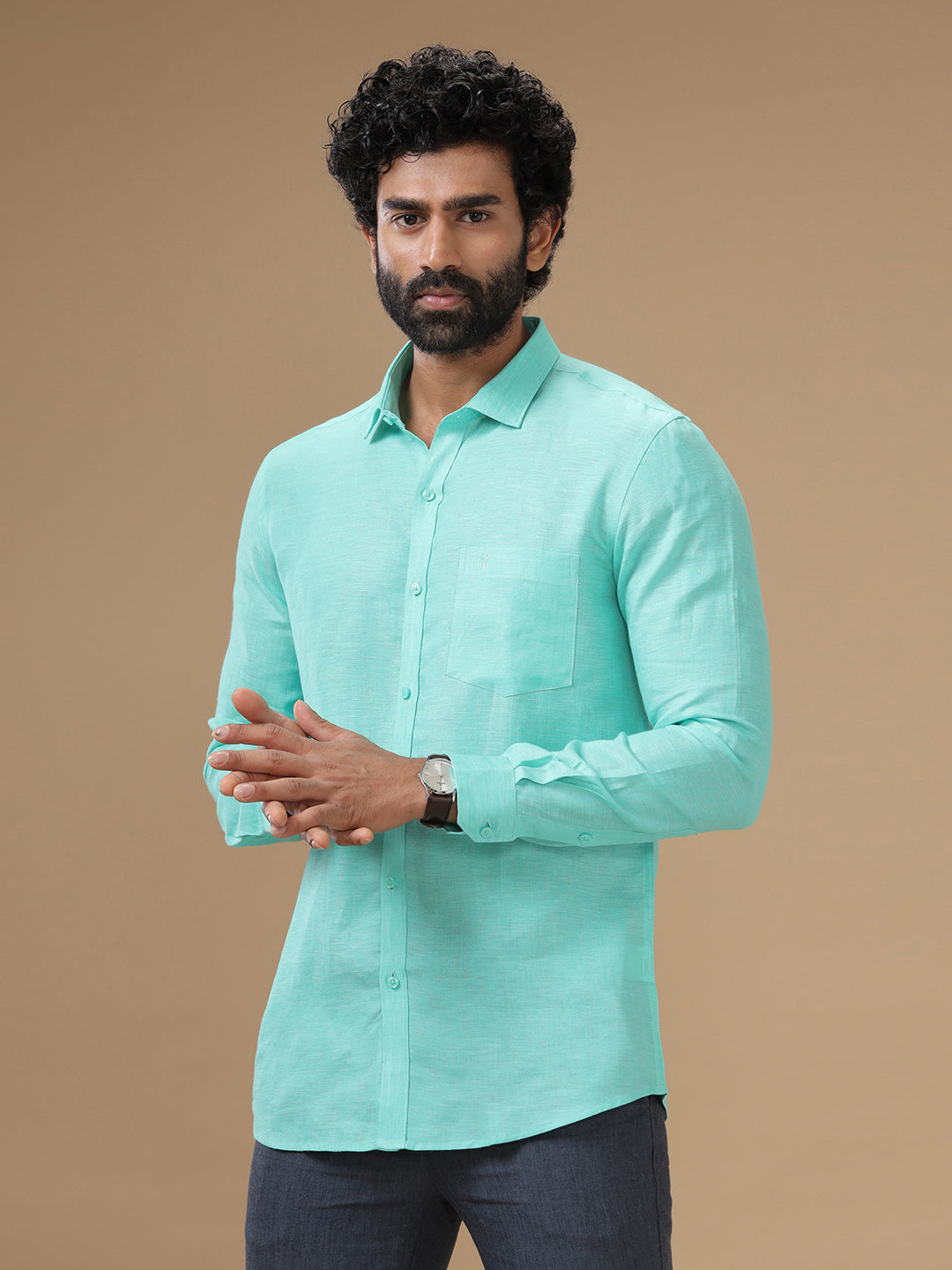 Men Pure Linen Light Blue Shirt L13