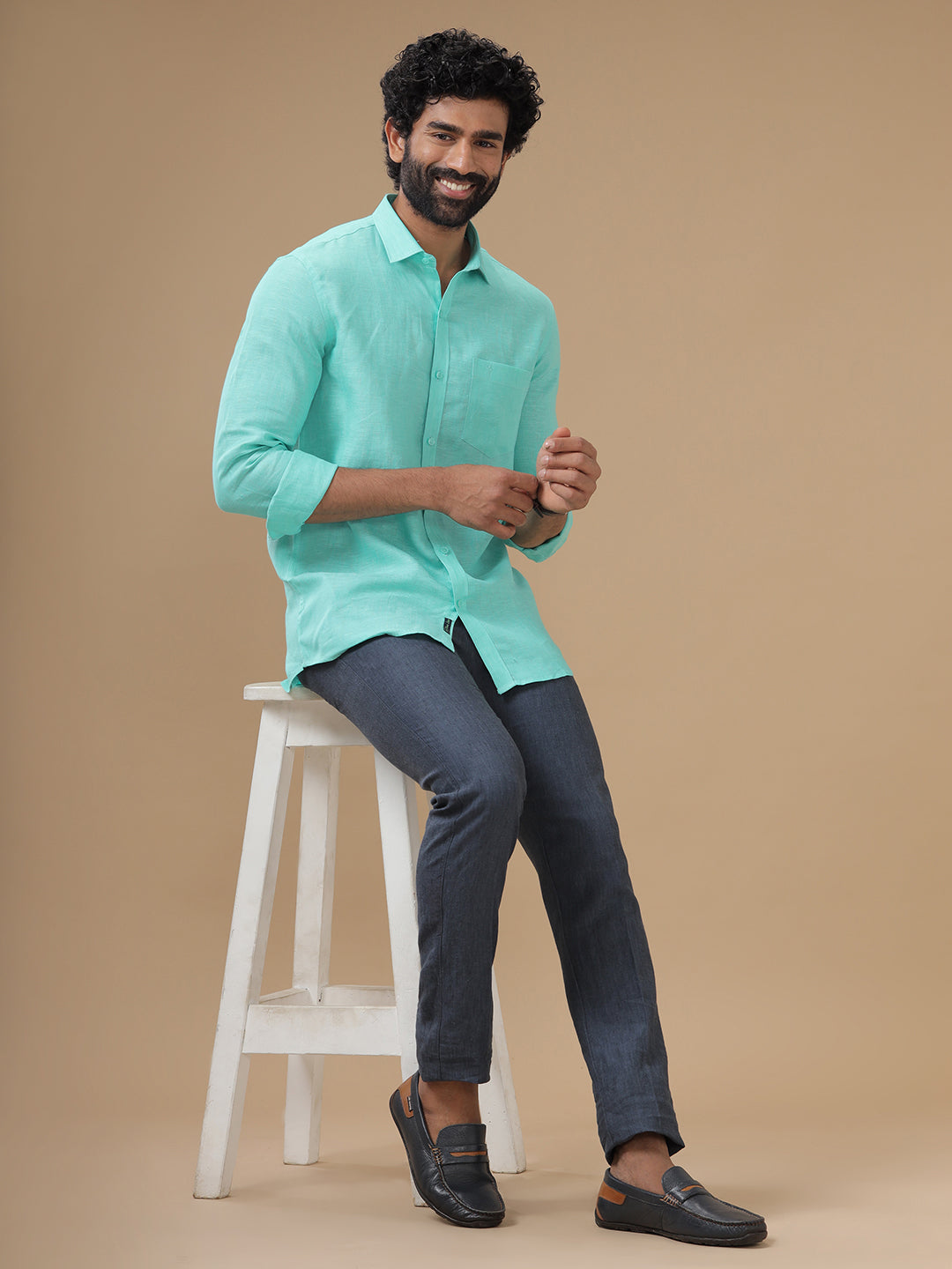 Men Pure Linen Grayish Blue Pant with Trim Fit PL08