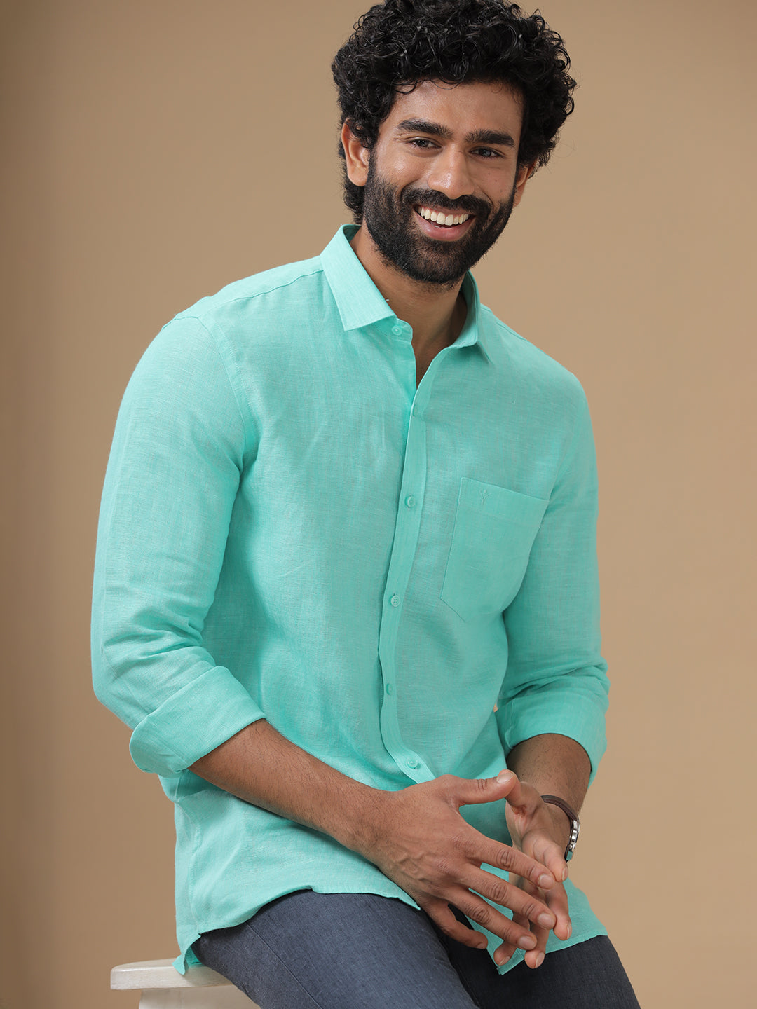 Men Pure Linen Light Blue Shirt L13