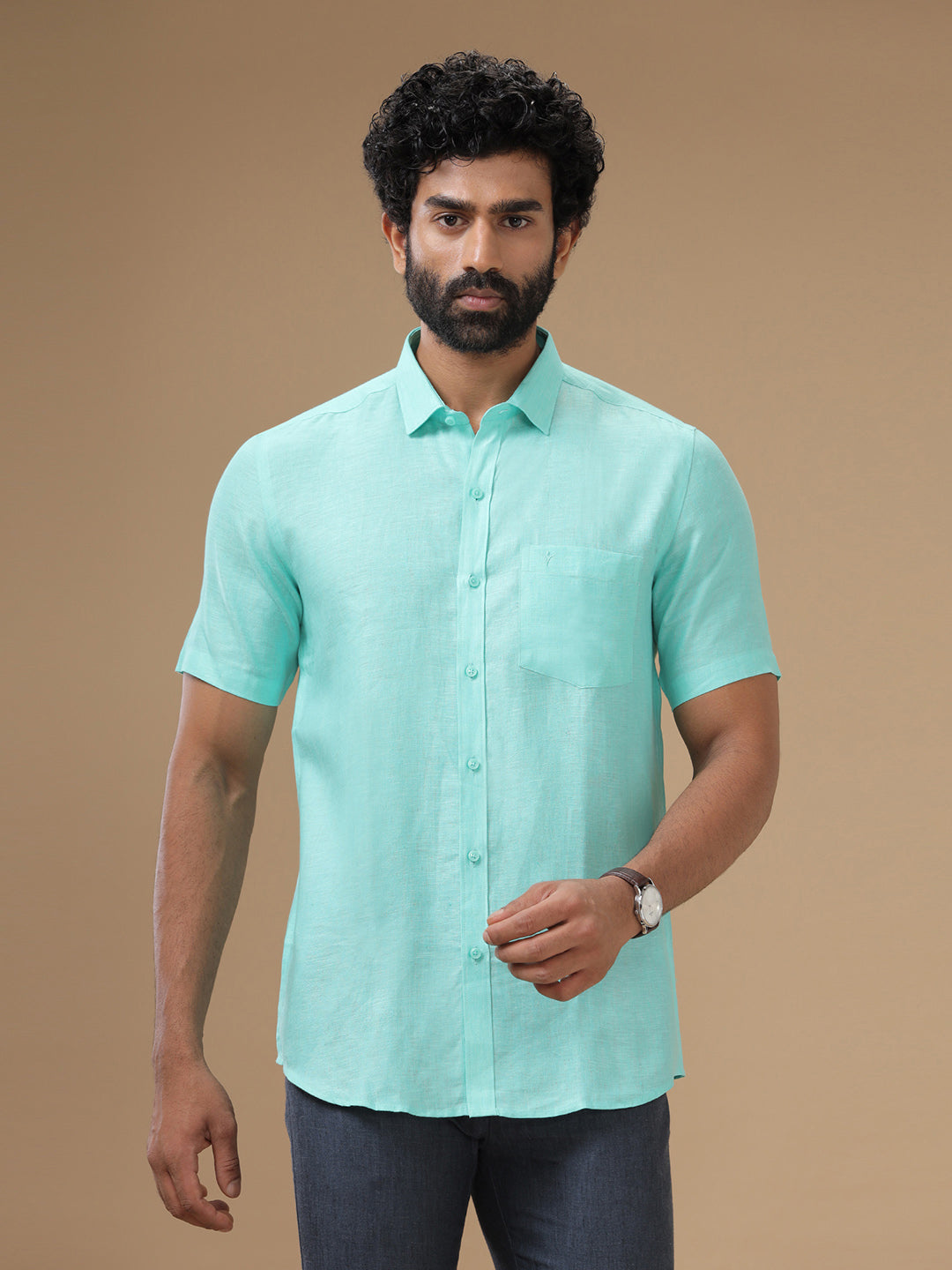 Men Pure Linen Light Blue Shirt L13