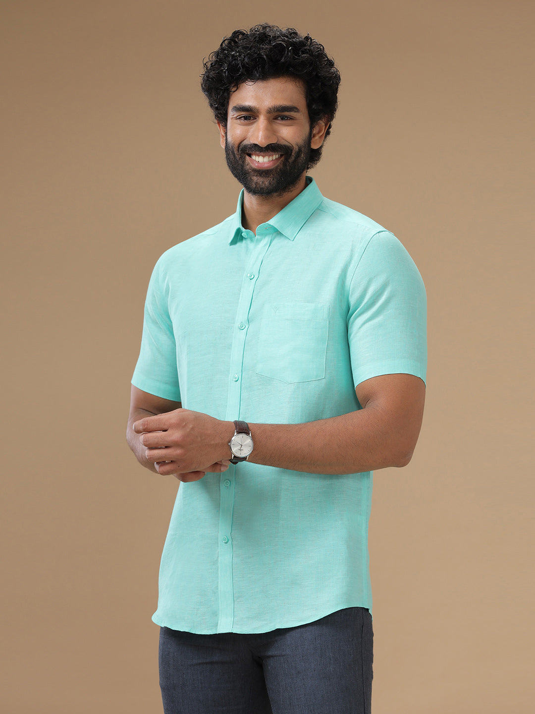 Men Pure Linen Light Blue Shirt L13