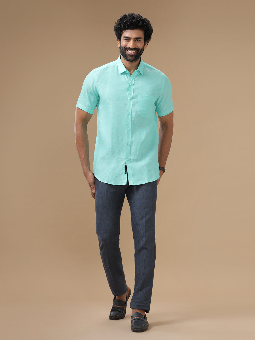 Men Pure Linen Light Blue Shirt L13