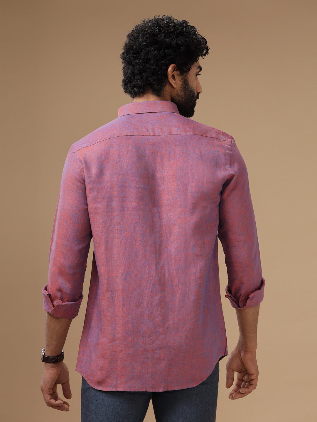 Men Pure Linen Purple Shirt L75