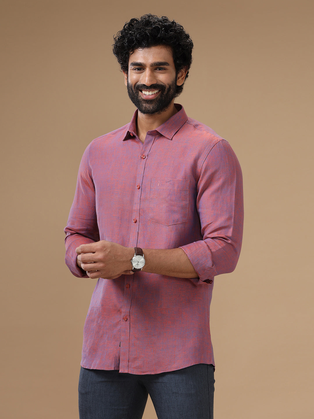 Men Pure Linen Purple Shirt L75