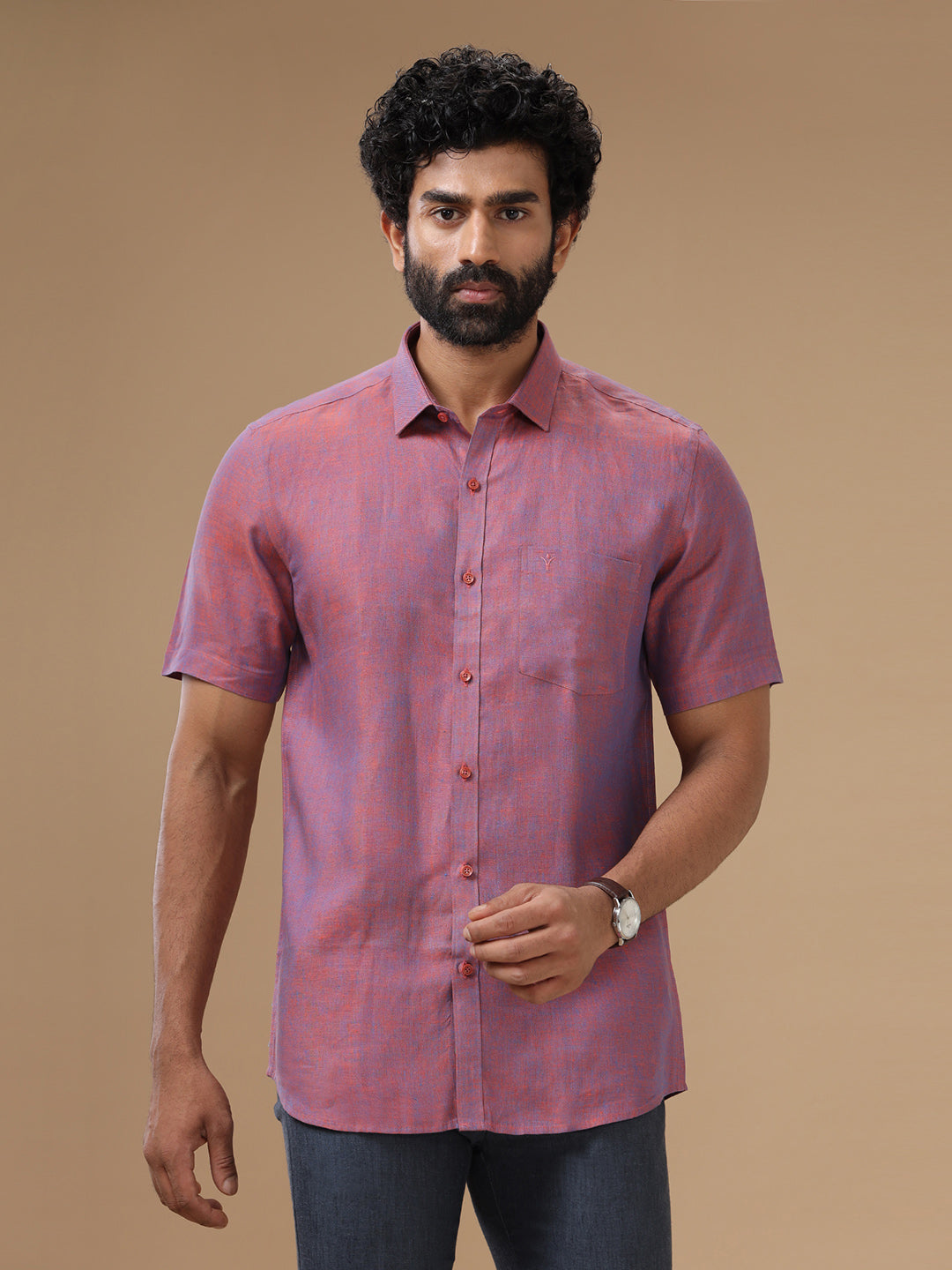 Men Pure Linen Purple Shirt L75