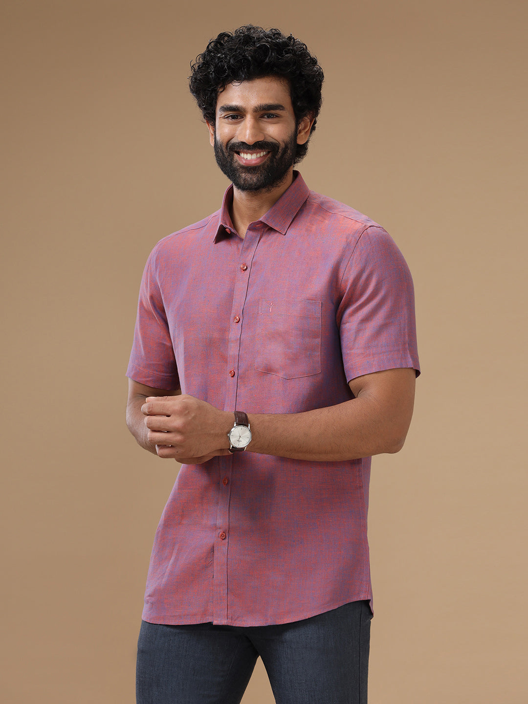 Men Pure Linen Purple Shirt L75