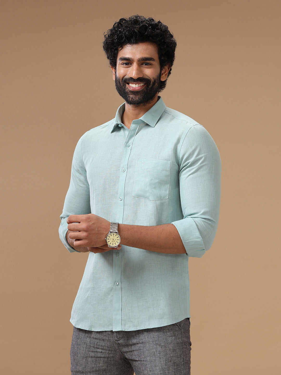 Men Pure Linen Blue Shirt L105