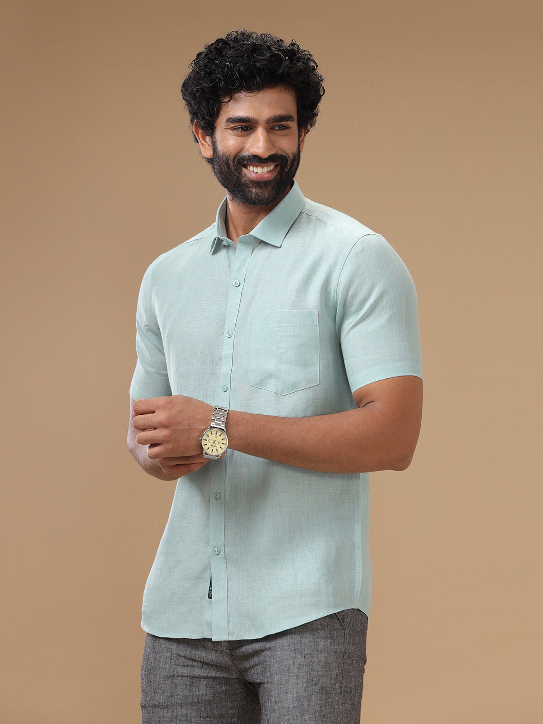 Men Pure Linen Blue Shirt L105