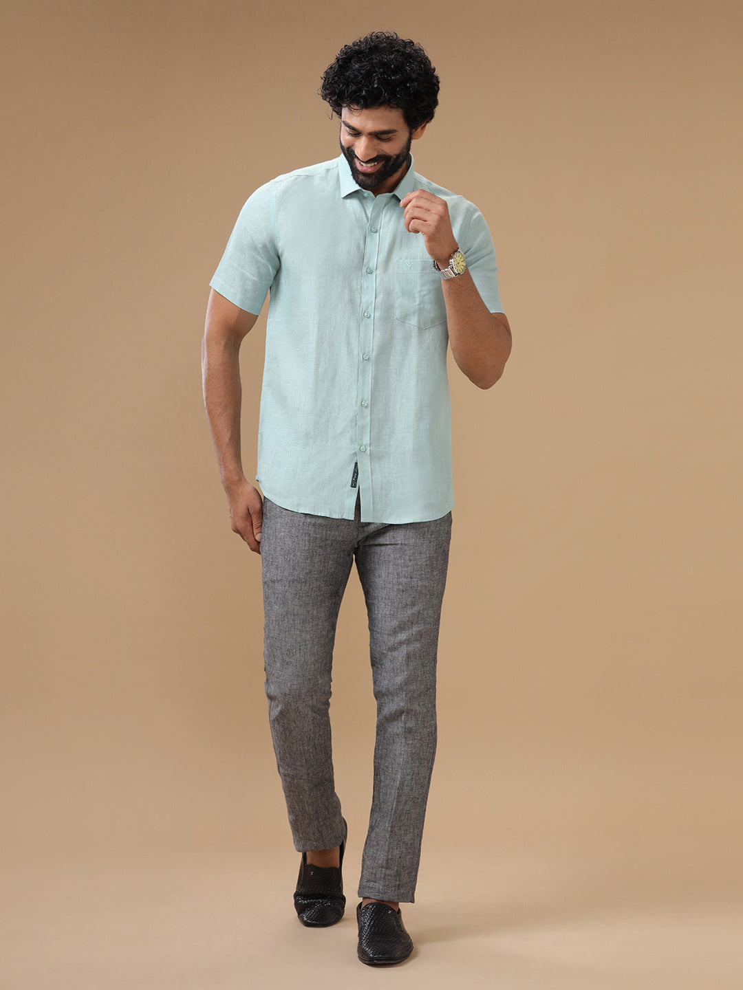 Men Pure Linen Blue Shirt L105