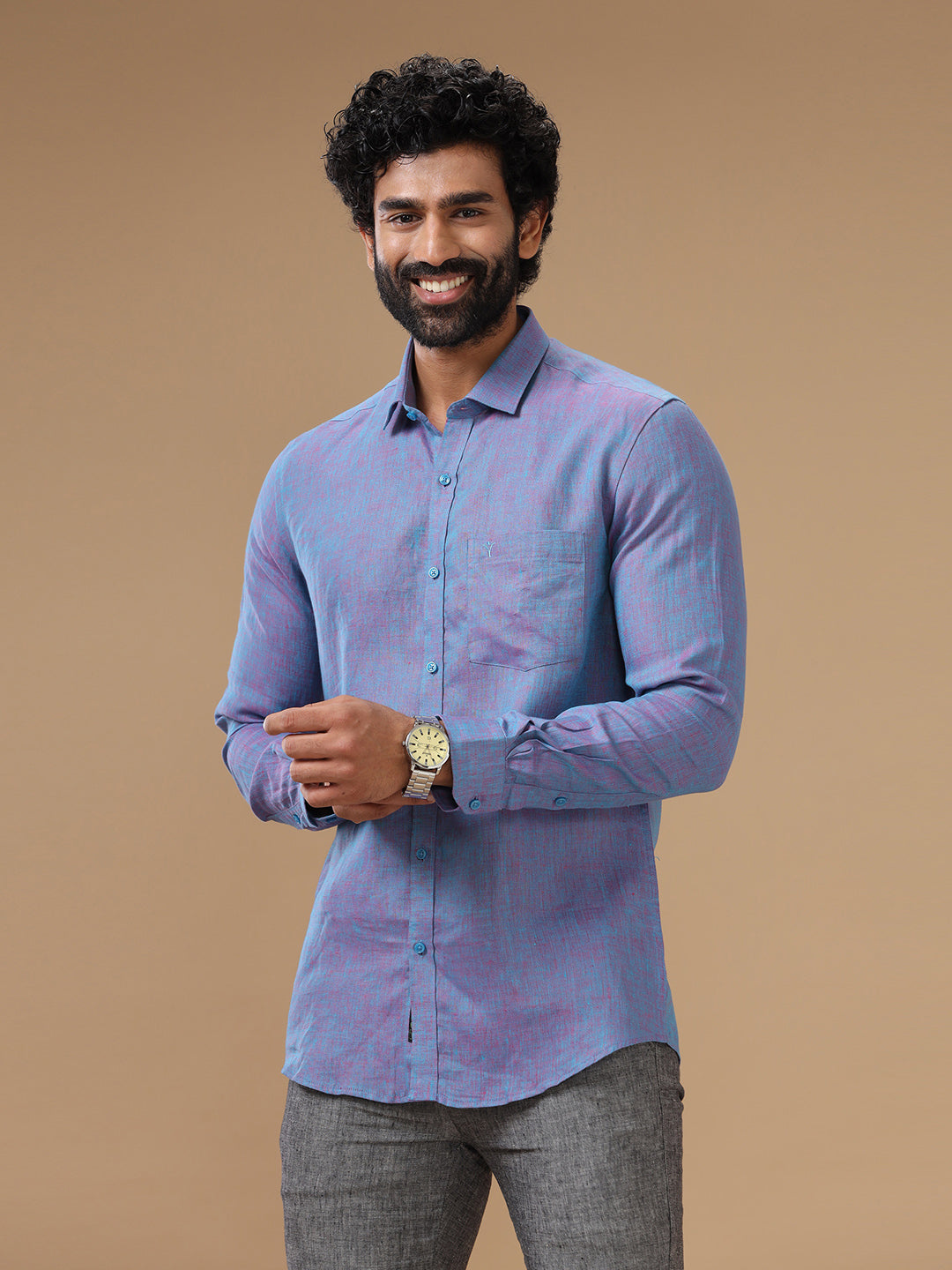 Men Pure Linen Violet Shirt L81