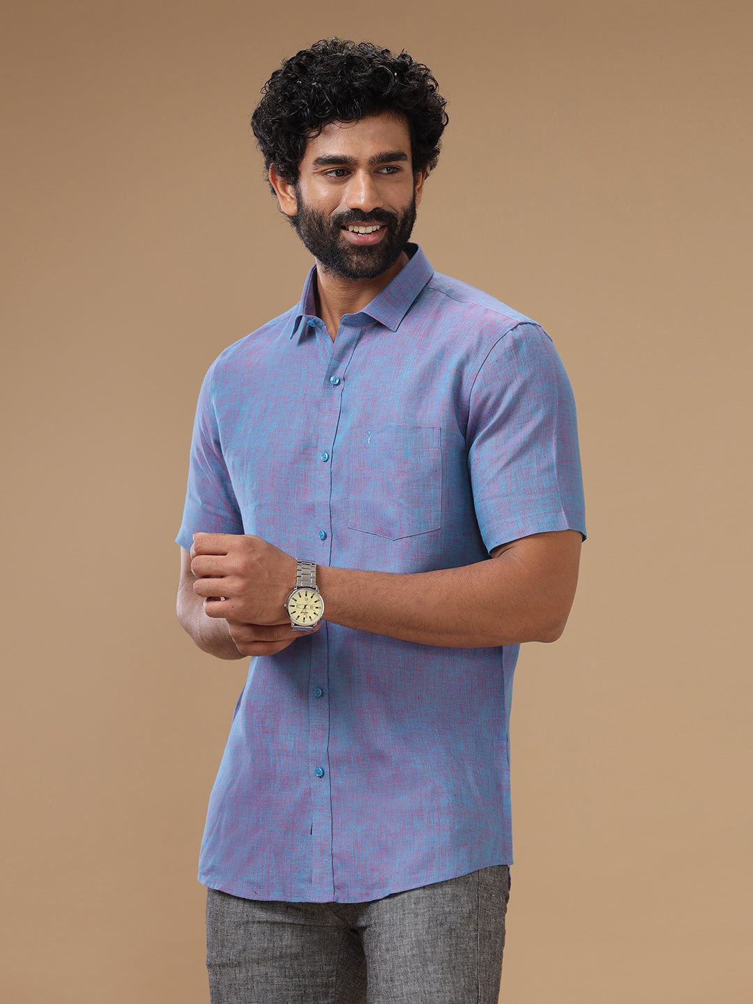 Men Pure Linen Violet Shirt L81