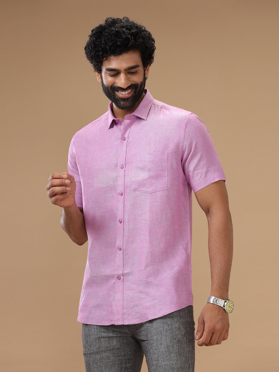 Men Pure Linen Purple Shirt L79