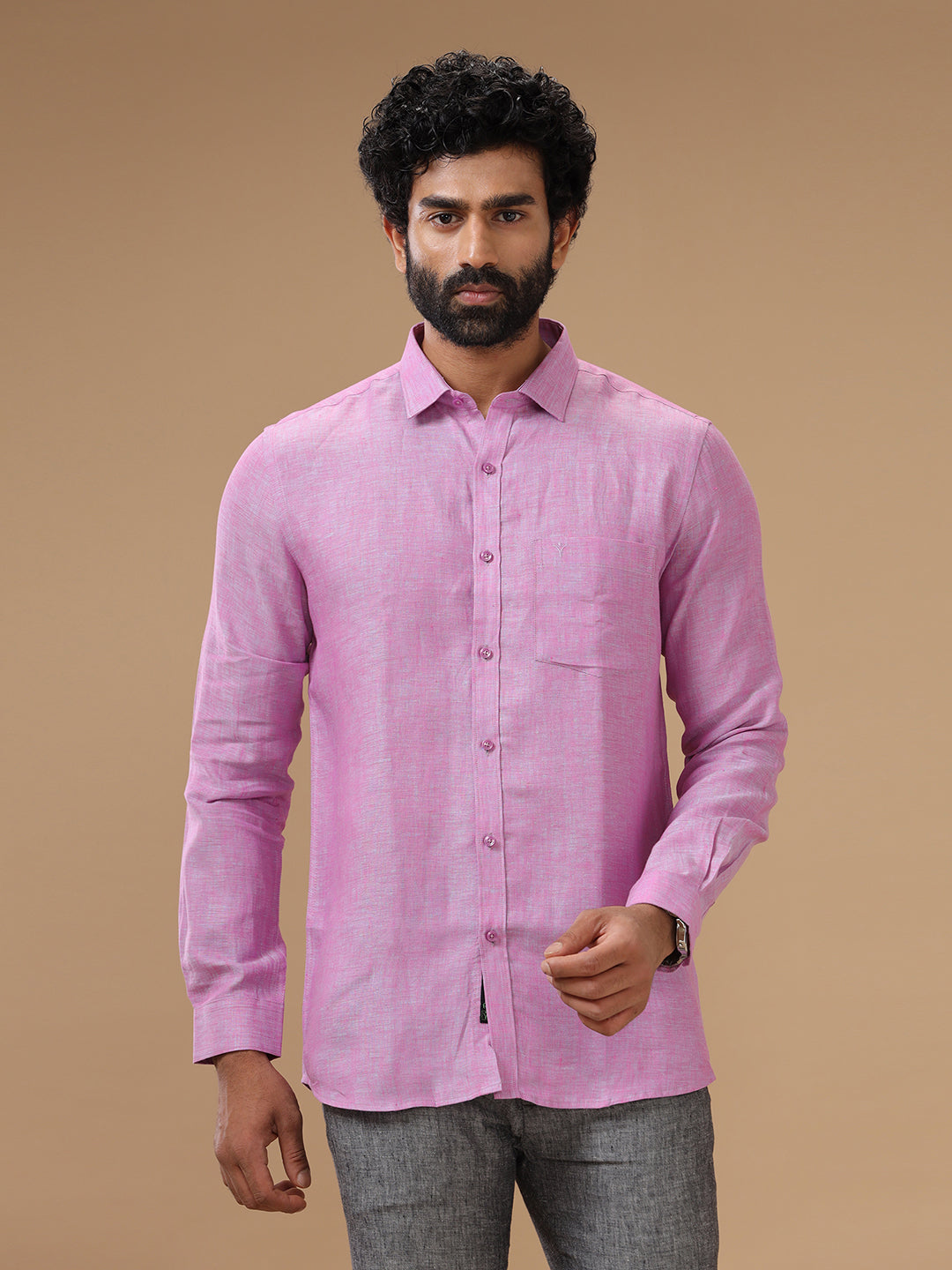 Men Pure Linen Purple Shirt L79