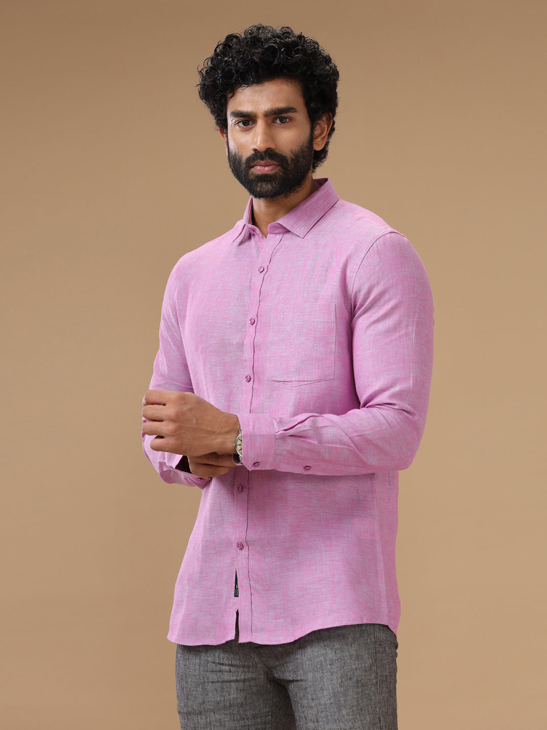 Men Pure Linen Purple Shirt L79