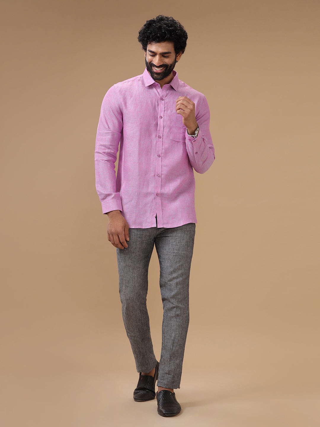 Men Pure Linen Purple Shirt L79