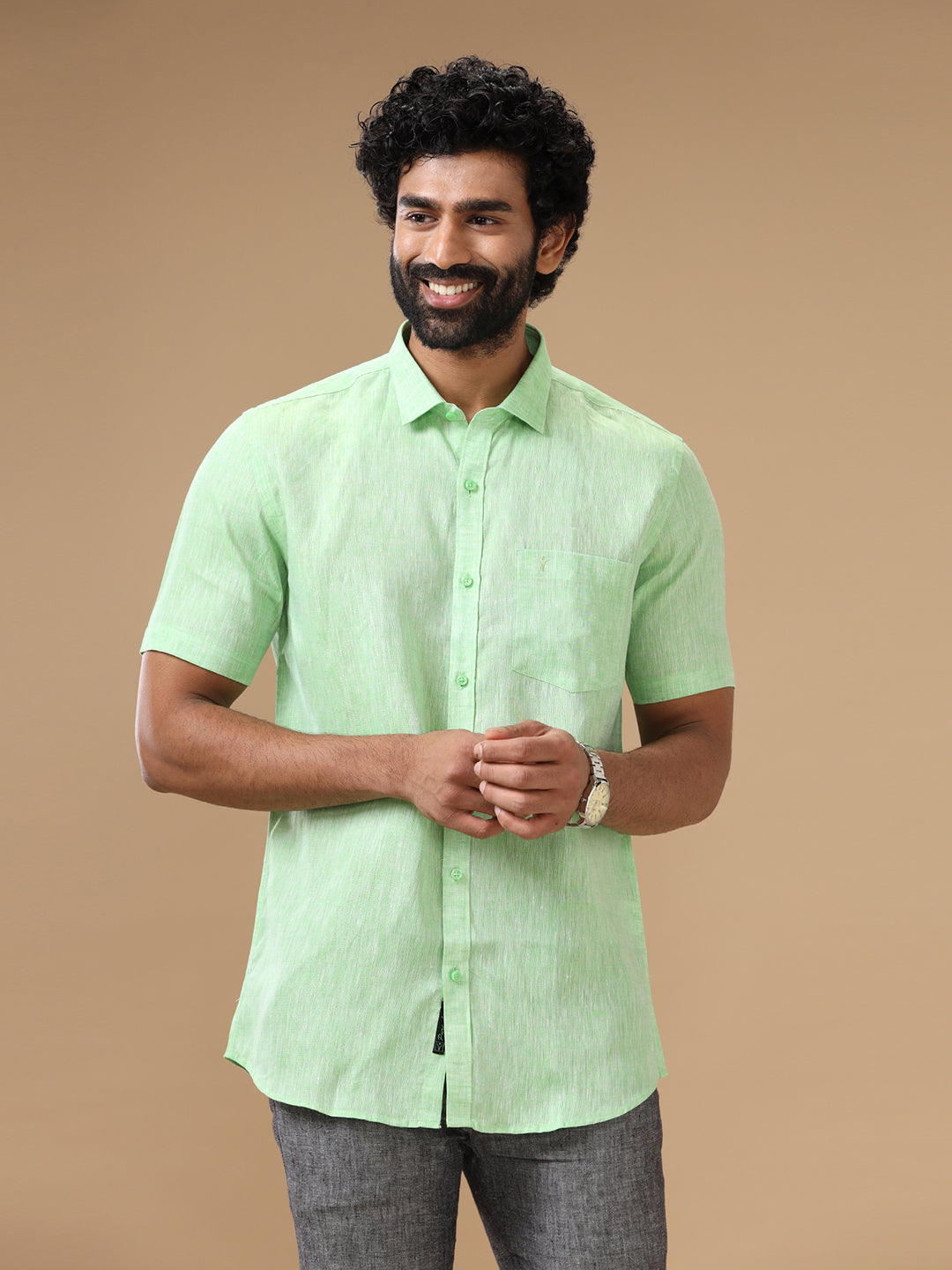 Men Pure Linen Green Shirt L25