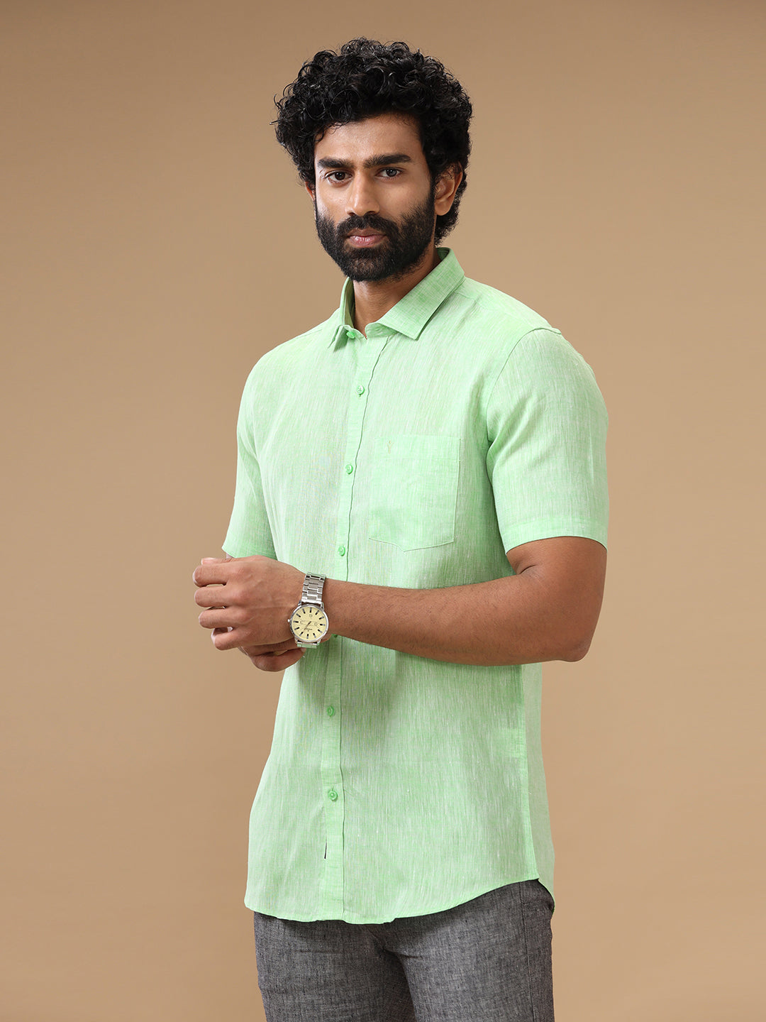 Men Pure Linen Green Shirt L25