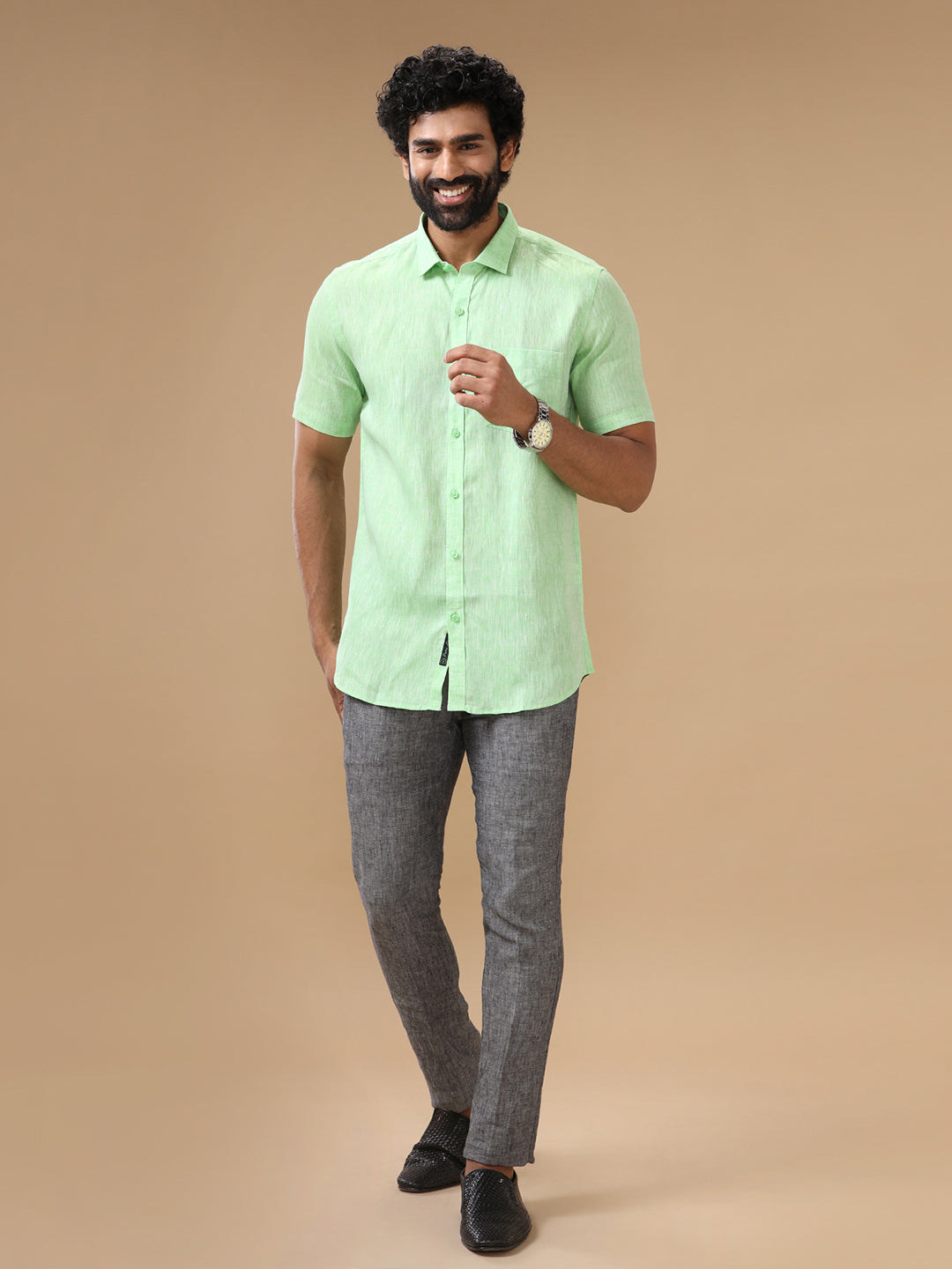 Men Pure Linen Green Shirt L25