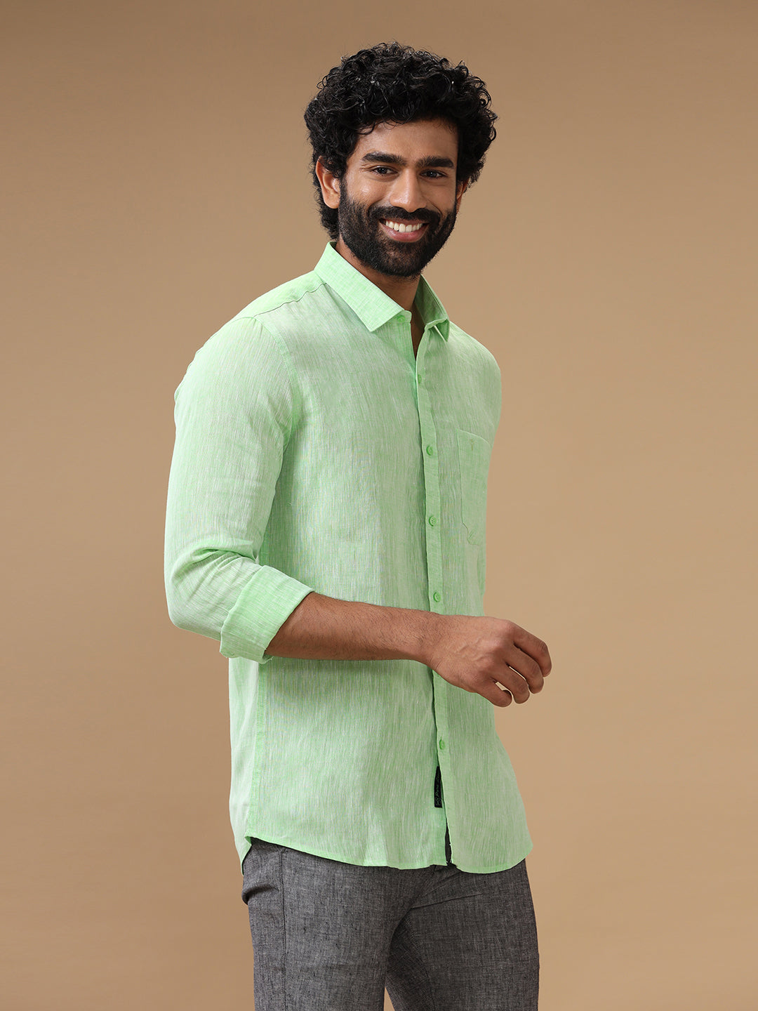 Men Pure Linen Green Shirt L25 42 cm / Half Men Pure Linen Green Shirt L25 42 cm / Half