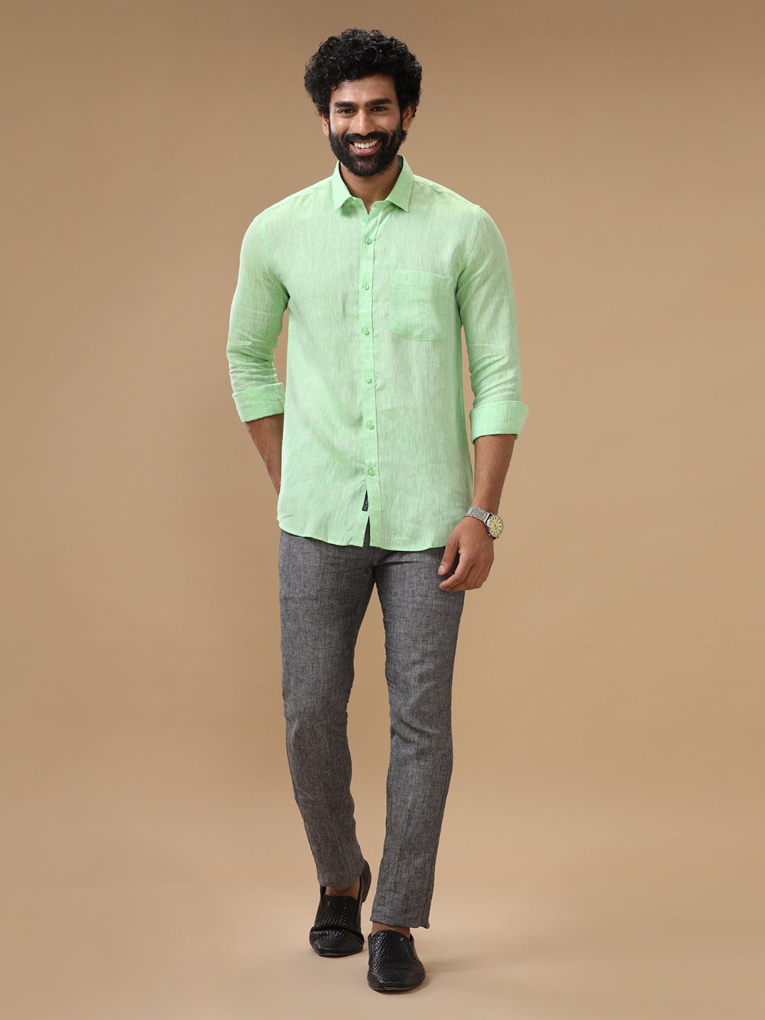 Men Pure Linen Green Shirt L25