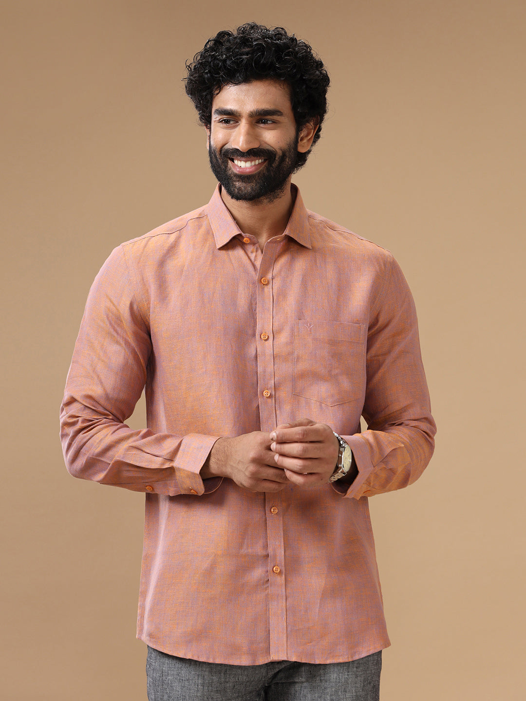 Men Pure Linen Maroon Shirt L80 - Main Image