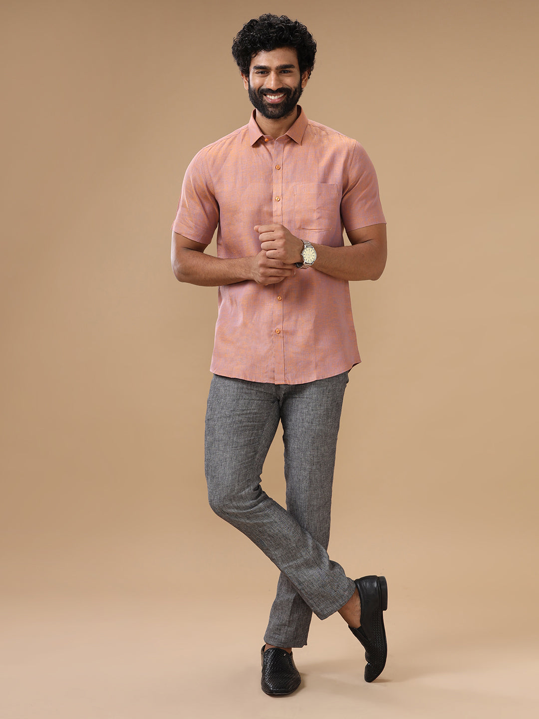 Men Pure Linen Maroon Shirt L80