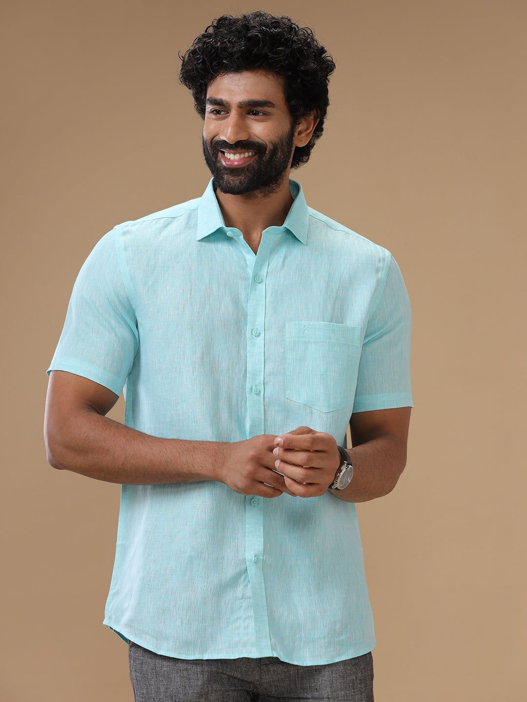 Men Pure Linen Sky Blue Shirt L71